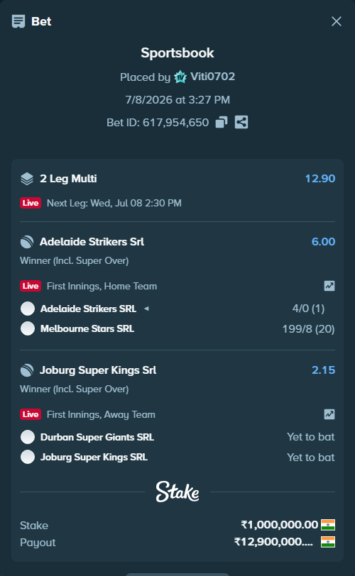 Bet slip: Adelaide Strikers SRL - Melbourne Stars SRL, $12,000.00 stake at 6.00 odds, placed by Viti0702