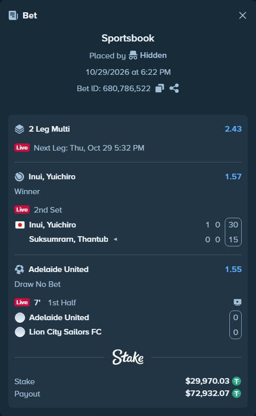Bet slip: Adelaide United - Lion City Sailors FC, $30,000.00 stake at 1.55 odds, placed by Hidden