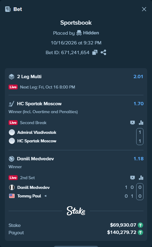 Bet slip: Admiral Vladivostok - Spartak Moscow, $70,000.00 stake at 1.70 odds, placed by Hidden