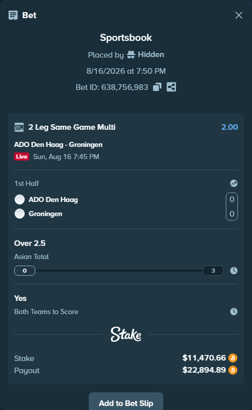 Bet slip: ADO Den Haag - Groningen, $11,508.04 stake at 1.80 odds, placed by Hidden