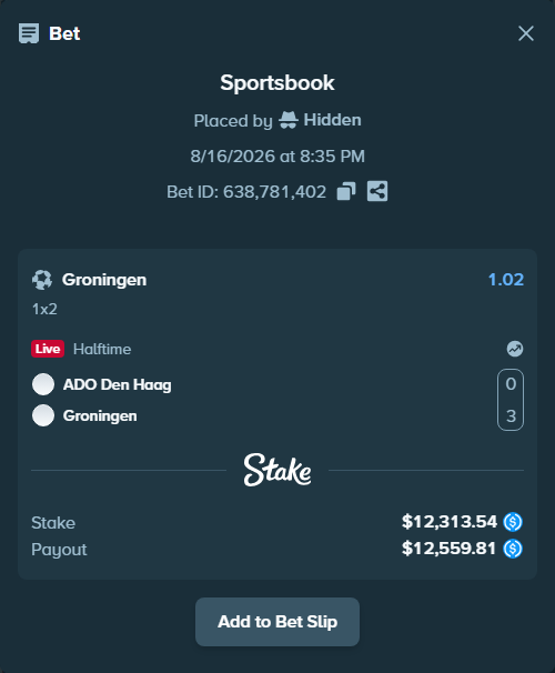 Bet slip: ADO Den Haag - Groningen, $12,313.54 stake at 1.02 odds, placed by Hidden