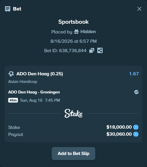 Bet slip: ADO Den Haag - Groningen, $18,000.00 stake at 1.67 odds, placed by Hidden