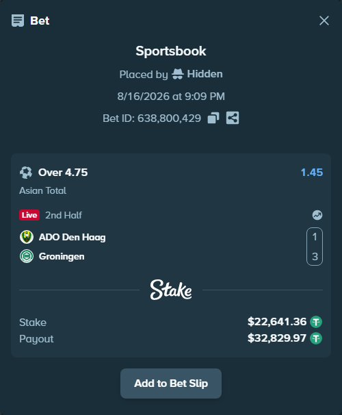 Bet slip: ADO Den Haag - Groningen, $22,664.00 stake at 1.45 odds, placed by Hidden