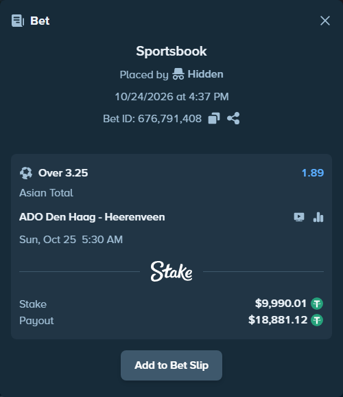 Bet slip: ADO Den Haag - Heerenveen, $10,000.00 stake at 1.89 odds, placed by Hidden