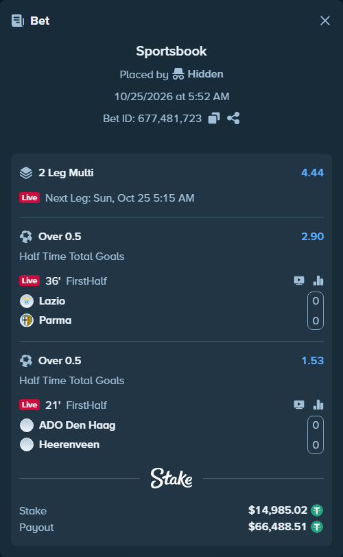 Bet slip: ADO Den Haag - Heerenveen, $15,000.00 stake at 1.53 odds, placed by Hidden