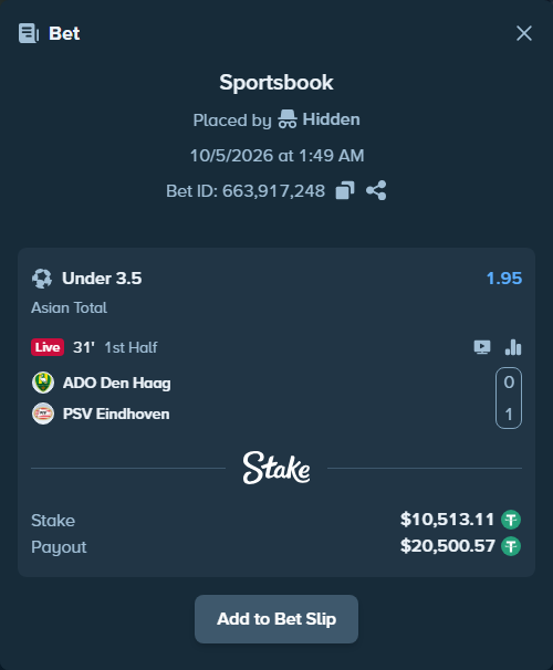 Bet slip: ADO Den Haag - PSV Eindhoven, $10,513.11 stake at 1.95 odds, placed by Hidden