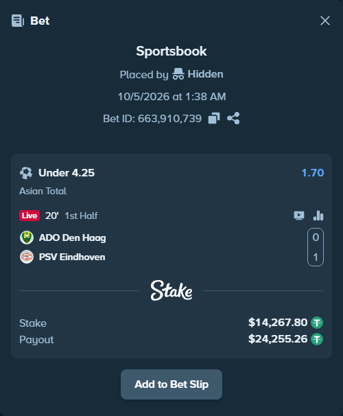 Bet slip: ADO Den Haag - PSV Eindhoven, $14,267.80 stake at 1.70 odds, placed by Hidden