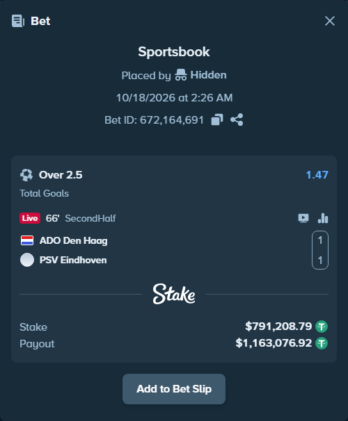 Bet slip: ADO Den Haag - PSV Eindhoven, $792,000.00 stake at 1.47 odds, placed by Hidden