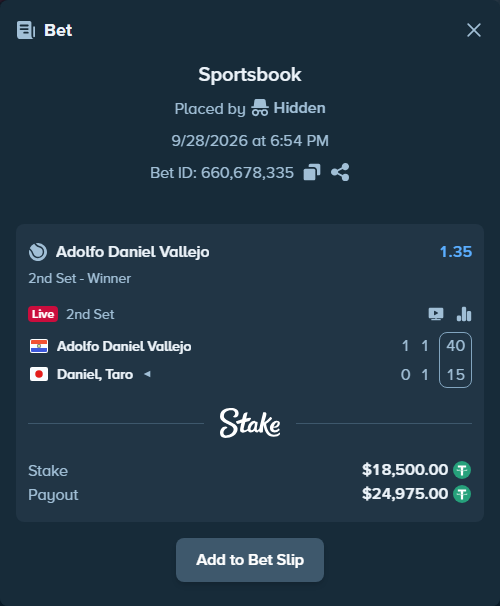 Bet slip: Adolfo Daniel Vallejo - Daniel, Taro, $18,494.45 stake at 1.35 odds, placed by Hidden