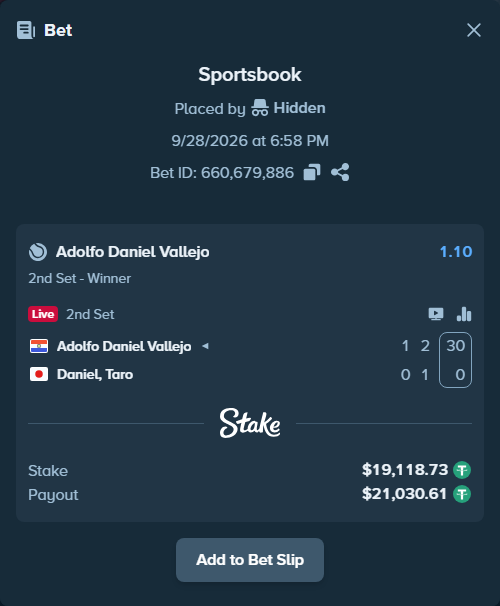 Bet slip: Adolfo Daniel Vallejo - Daniel, Taro, $19,113.00 stake at 1.10 odds, placed by Hidden