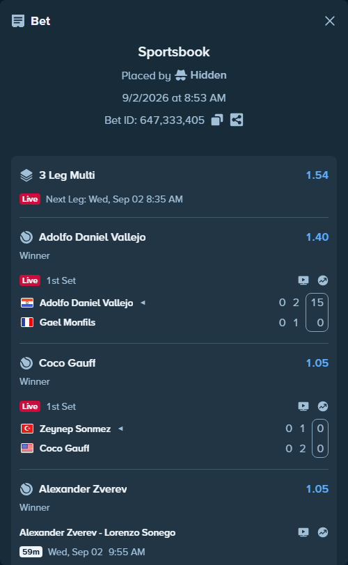 Bet slip: Adolfo Daniel Vallejo - Gael Monfils, $66,333.00 stake at 1.40 odds, placed by Hidden
