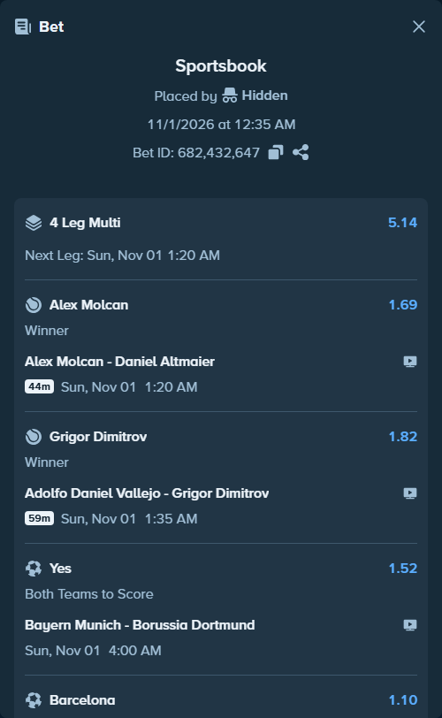 Bet slip: Adolfo Daniel Vallejo - Grigor Dimitrov, $10,965.16 stake at 1.82 odds, placed by kevera