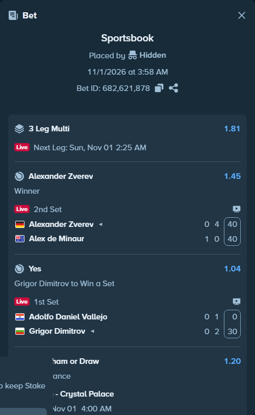 Bet slip: Adolfo Daniel Vallejo - Grigor Dimitrov, $22,000.00 stake at 1.04 odds, placed by Erst12