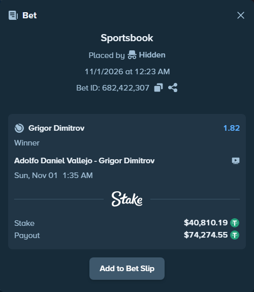 Bet slip: Adolfo Daniel Vallejo - Grigor Dimitrov, $40,851.00 stake at 1.82 odds, placed by Hidden
