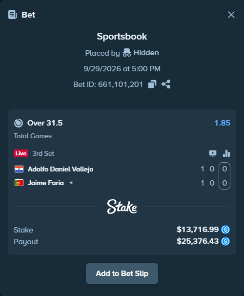 Bet slip: Adolfo Daniel Vallejo - Jaime Faria, $13,716.99 stake at 1.85 odds, placed by kuwkuw