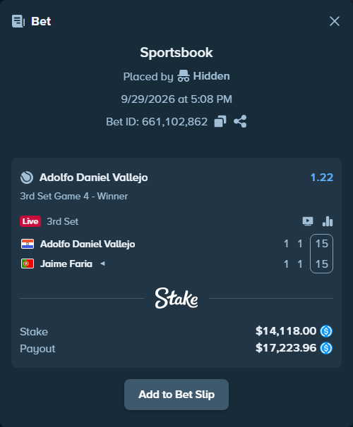 Bet slip: Adolfo Daniel Vallejo - Jaime Faria, $14,118.00 stake at 1.22 odds, placed by kuwkuw