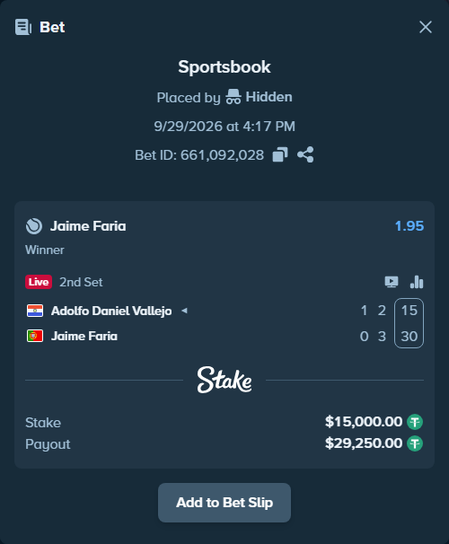 Bet slip: Adolfo Daniel Vallejo - Jaime Faria, $15,000.00 stake at 1.95 odds, placed by Hidden