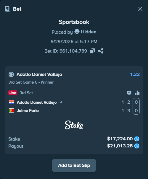 Bet slip: Adolfo Daniel Vallejo - Jaime Faria, $17,224.00 stake at 1.22 odds, placed by kuwkuw