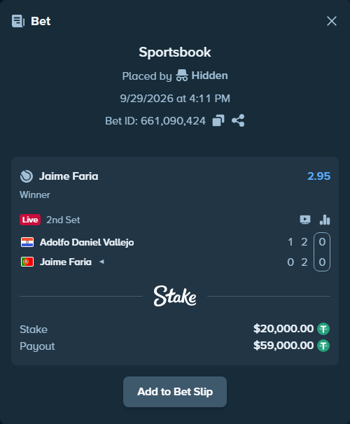 Bet slip: Adolfo Daniel Vallejo - Jaime Faria, $20,000.00 stake at 2.95 odds, placed by Hidden