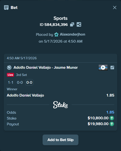 Bet slip: Adolfo Daniel Vallejo - Jaume Munar, $10,800.00 stake at 1.85 odds, placed by Alexanderjhon