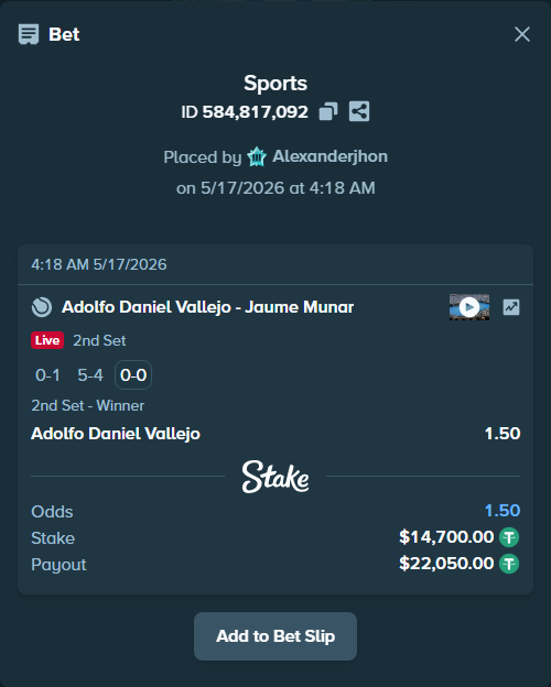 Bet slip: Adolfo Daniel Vallejo - Jaume Munar, $14,700.00 stake at 1.50 odds, placed by Alexanderjhon