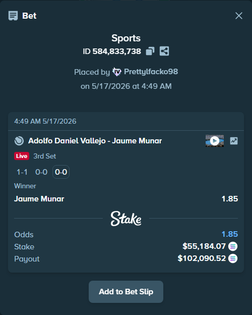 Bet slip: Adolfo Daniel Vallejo - Jaume Munar, $46,483.88 stake at 1.85 odds, placed by Prettylfacko98