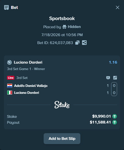 Bet slip: Adolfo Daniel Vallejo - Luciano Darderi, $10,000.00 stake at 1.16 odds, placed by Hidden