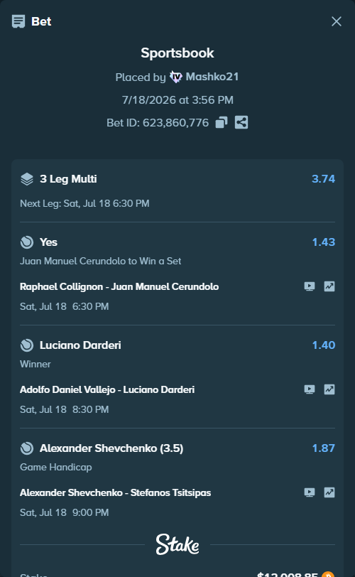 Bet slip: Adolfo Daniel Vallejo - Luciano Darderi, $12,081.23 stake at 1.40 odds, placed by Mashko21