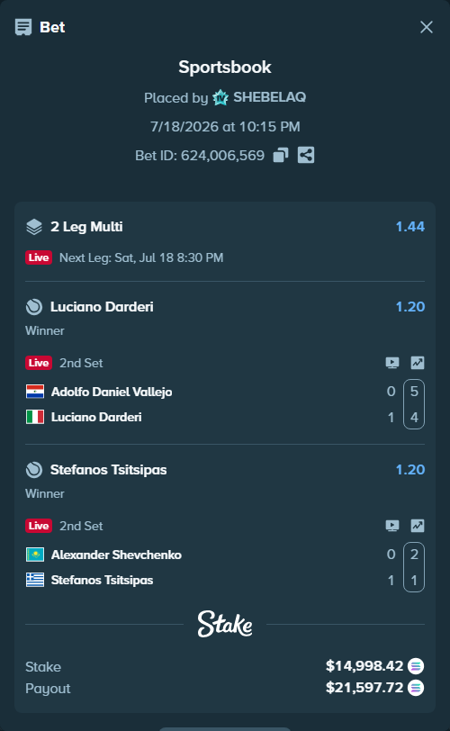 Bet slip: Adolfo Daniel Vallejo - Luciano Darderi, $14,561.53 stake at 1.20 odds, placed by SHEBELAQ