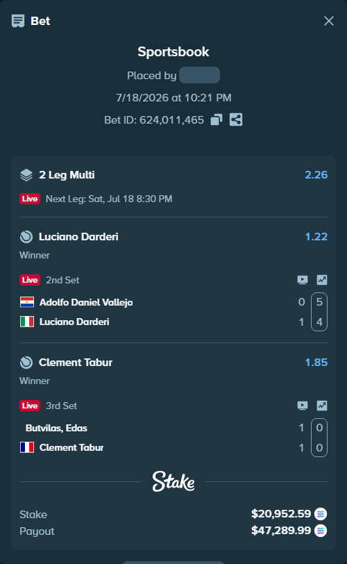 Bet slip: Adolfo Daniel Vallejo - Luciano Darderi, $20,342.26 stake at 1.22 odds, placed by Prettylfacko98