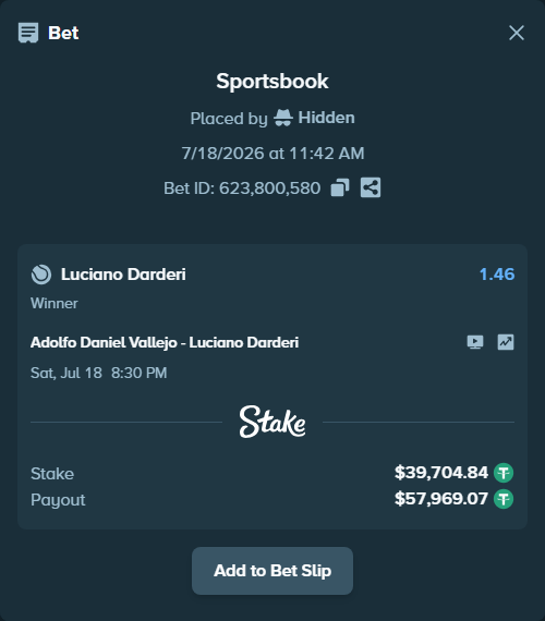 Bet slip: Adolfo Daniel Vallejo - Luciano Darderi, $39,704.84 stake at 1.46 odds, placed by Hidden