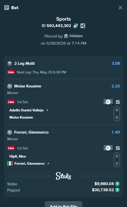 Bet slip: Adolfo Daniel Vallejo - Moise Kouame, $10,000.00 stake at 2.20 odds, placed by Hidden