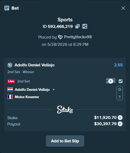Bet slip: Adolfo Daniel Vallejo - Moise Kouame, $10,816.22 stake at 2.55 odds, placed by Prettylfacko98