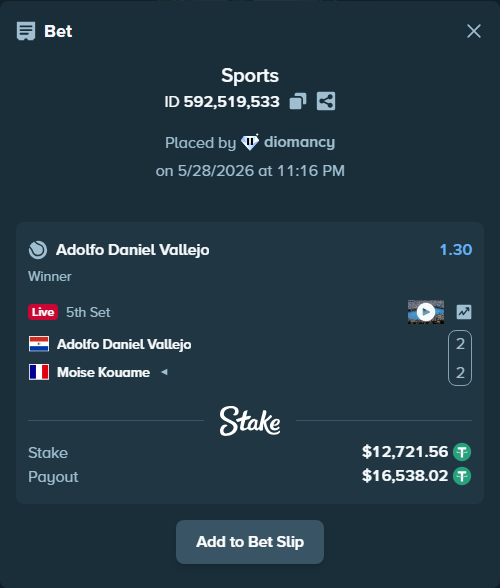 Bet slip: Adolfo Daniel Vallejo - Moise Kouame, $12,747.00 stake at 1.30 odds, placed by diomancy