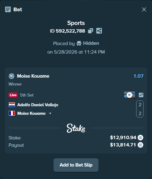 Bet slip: Adolfo Daniel Vallejo - Moise Kouame, $11,771.58 stake at 1.07 odds, placed by Hidden