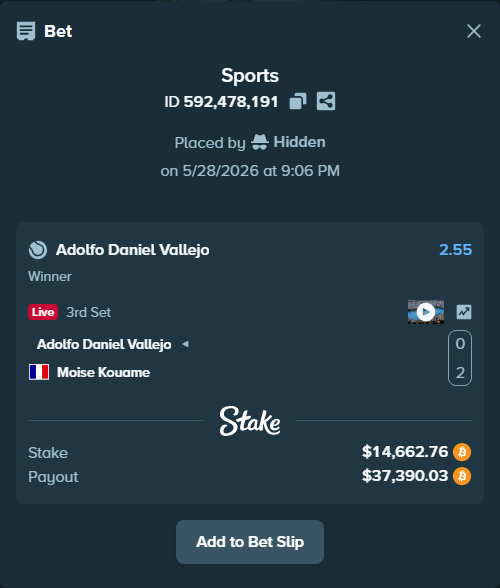 Bet slip: Adolfo Daniel Vallejo - Moise Kouame, $12,866.00 stake at 2.55 odds, placed by Hidden