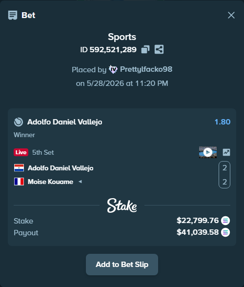Bet slip: Adolfo Daniel Vallejo - Moise Kouame, $20,754.26 stake at 1.80 odds, placed by Prettylfacko98