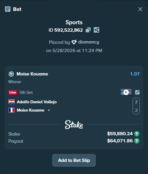 Bet slip: Adolfo Daniel Vallejo - Moise Kouame, $60,000.00 stake at 1.07 odds, placed by diomancy