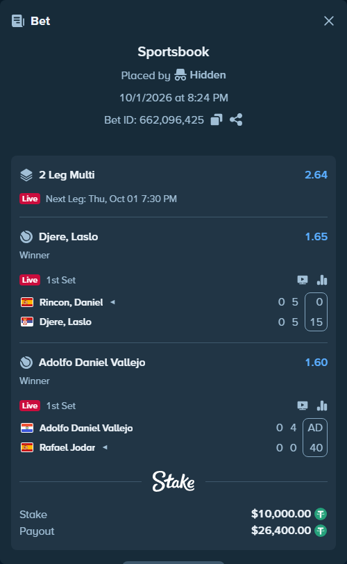 Bet slip: Adolfo Daniel Vallejo - Rafael Jodar, $10,000.00 stake at 1.60 odds, placed by Hidden