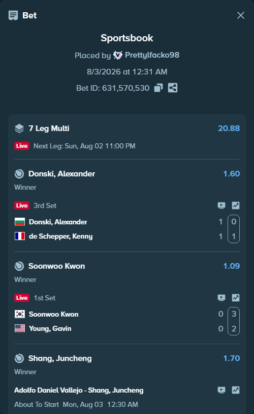 Bet slip: Adolfo Daniel Vallejo - Shang, Juncheng, $43,566.05 stake at 1.70 odds, placed by Prettylfacko98