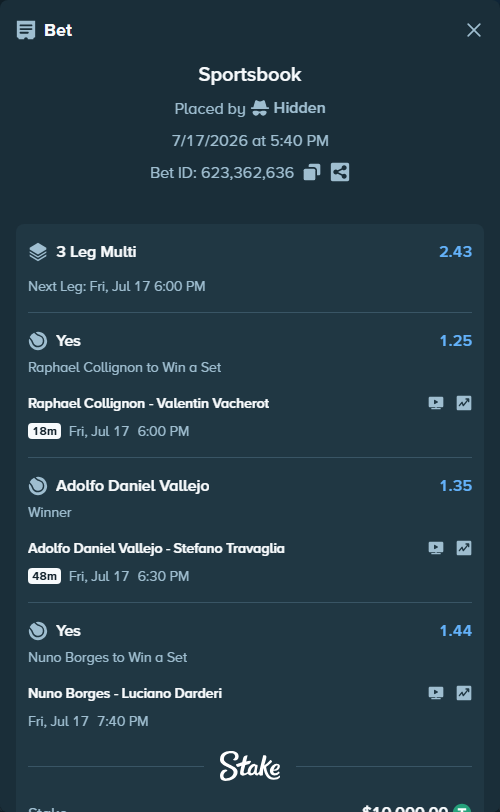 Bet slip: Adolfo Daniel Vallejo - Stefano Travaglia, $10,010.00 stake at 1.35 odds, placed by Hidden