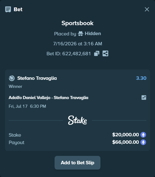 Bet slip: Adolfo Daniel Vallejo - Stefano Travaglia, $19,789.70 stake at 3.30 odds, placed by Hidden