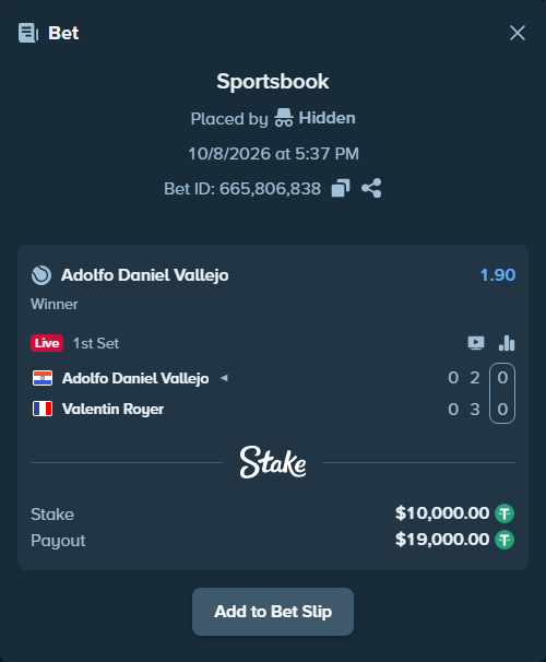 Bet slip: Adolfo Daniel Vallejo - Valentin Royer, $10,000.00 stake at 1.90 odds, placed by FexoR1
