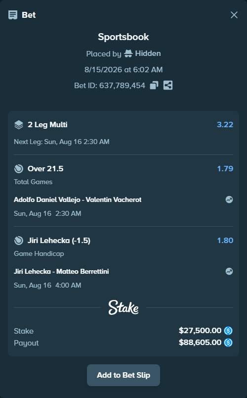 Bet slip: Adolfo Daniel Vallejo - Valentin Vacherot, $27,500.00 stake at 1.79 odds, placed by Hidden
