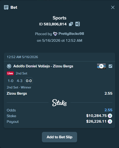 Bet slip: Adolfo Daniel Vallejo - Zizou Bergs, $8,437.67 stake at 2.55 odds, placed by Prettylfacko98