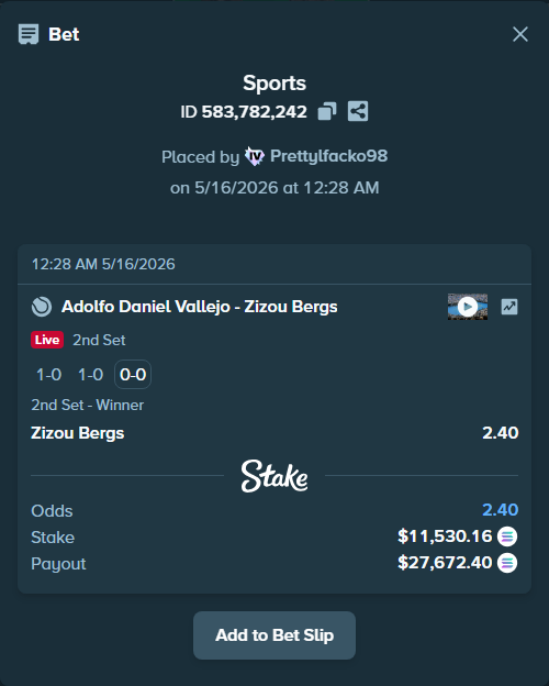 Bet slip: Adolfo Daniel Vallejo - Zizou Bergs, $9,450.99 stake at 2.40 odds, placed by Prettylfacko98