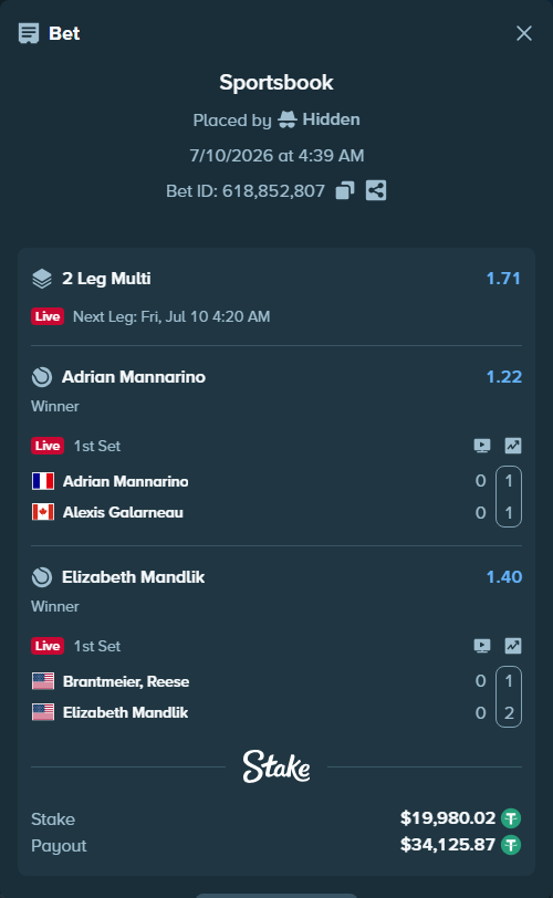 Bet slip: Adrian Mannarino - Alexis Galarneau, $20,000.00 stake at 1.22 odds, placed by Hidden
