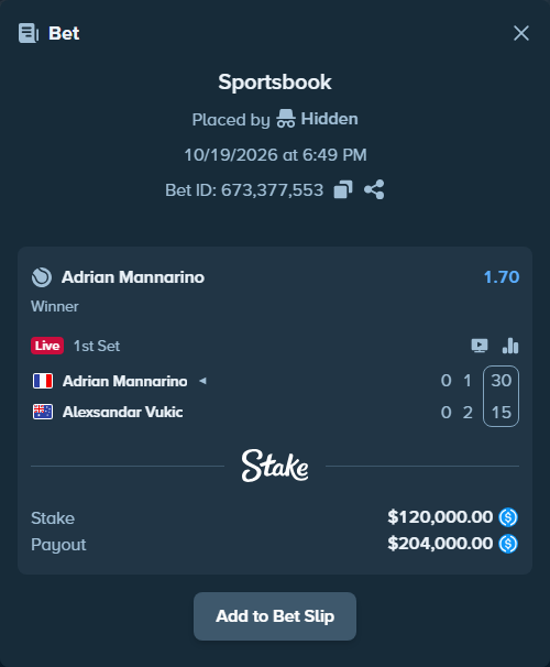 Bet slip: Adrian Mannarino - Alexsandar Vukic, $120,000.00 stake at 1.70 odds, placed by Hidden