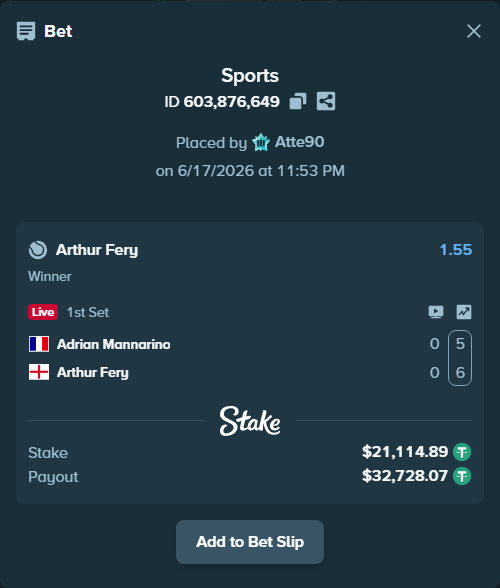 Bet slip: Adrian Mannarino - Arthur Fery, $21,136.00 stake at 1.55 odds, placed by Atte90