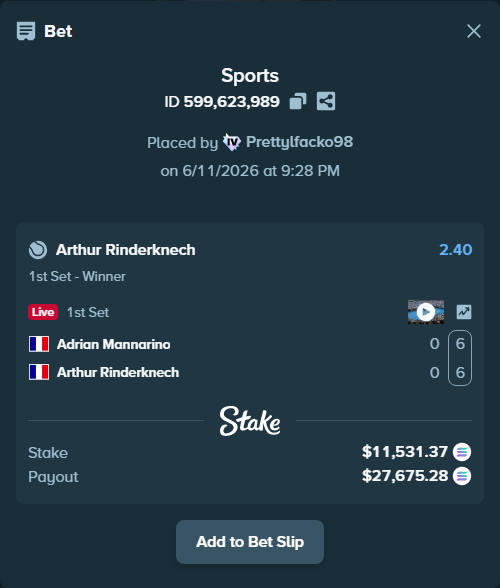 Bet slip: Adrian Mannarino - Arthur Rinderknech, $12,850.14 stake at 2.40 odds, placed by Prettylfacko98